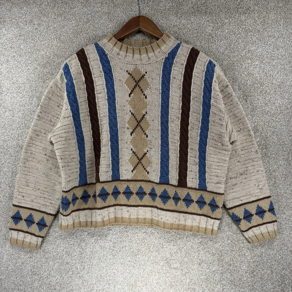 VTG Acedamia Knit Sweater Boxy Chunky 70s Style Cozy Folk Granola Cottagecore L? - Picture 1 of 3